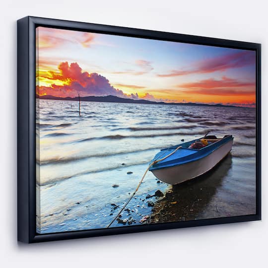 Designart - Boat at the Sunset - Landscape Photography Canvas Print in Black Frame